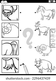 Black and white cartoon illustration of educational matching game with farm animal characters and pictures clippings coloring page