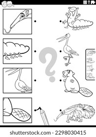 Black and white cartoon illustration of educational matching game with animal characters and pictures clippings coloring page