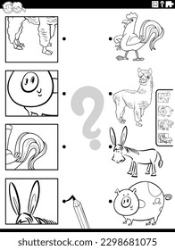 Black and white cartoon illustration of educational matching game with farm animal characters and pictures clippings coloring page