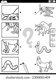 Black and white cartoon illustration of educational matching game with animal characters and pictures clippings coloring page
