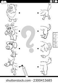 Black and white cartoon illustration of educational task of matching halves of pictures with funny dogs animals characters coloring page