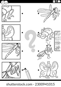 Black and white cartoon illustration of educational matching task with insects animal characters and pictures clippings coloring page