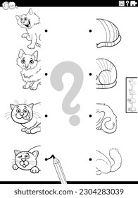 Black and white cartoon illustration of educational task of matching halves of pictures with funny cats animals characters coloring page