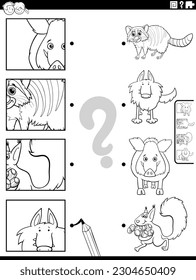 Black and white cartoon illustration of educational matching game with animal characters and pictures clippings coloring page