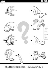 Black and white cartoon illustration of educational game of matching halves of pictures with marine animals characters coloring page