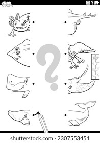 Black and white cartoon illustration of educational activity of matching halves of pictures with funny marine animal characters coloring page