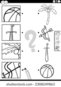 Black and white cartoon illustration of educational matching activity with objects and pictures clippings coloring page