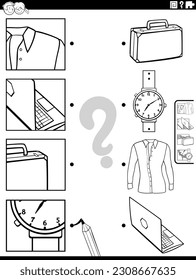 Black and white cartoon illustration of educational matching activity with objects and pictures clippings coloring page