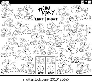 Black and white cartoon illustration of educational game of counting left and right oriented pictures of a funny rhinoceros playing soccer coloring page