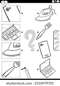 Black and white cartoon illustration of educational matching activity with objects and pictures clippings coloring page