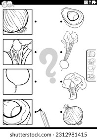Black and white cartoon illustration of educational matching activity with fruit and vegetables and pictures clippings coloring page