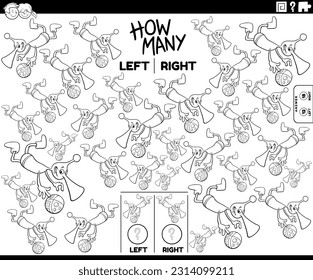 Black and white cartoon illustration of educational game of counting left and right oriented pictures of funny alien character in weightlessness coloring page