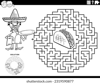 Black and white cartoon illustration of educational maze puzzle game with funny chef character and taco coloring page