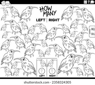Black and white cartoon illustration of educational activity of counting left and right oriented pictures of honeycreeper bird animal character coloring page