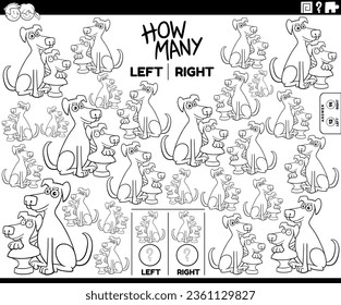 Black and white cartoon illustration of educational activity of counting left and right oriented pictures of dog animal character coloring page