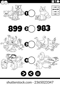 Black and white cartoon illustration of educational mathematical puzzle task of greater than, less than or equal to for children with animal characters and numbers coloring page
