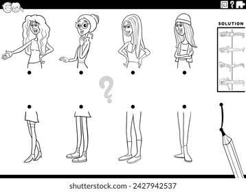Black and white cartoon illustration of educational game of matching halves of pictures with young women characters coloring page