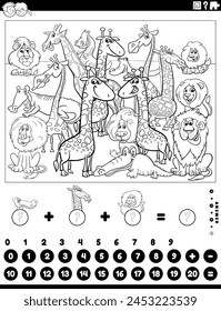 Black and white cartoon illustration of educational mathematical counting and addition activity for children with dogs, cats and rabbits coloring page