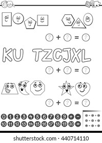 Black and White Cartoon Illustration of Educational Mathematical Addition Activity Task for Preschool Children with Shapes and Letters for Coloring Book
