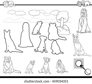 Black and White Cartoon Illustration of Educational Activity Task for Preschool Children with Purebred Dogs Animal Characters for Coloring Book