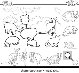 Black and White Cartoon Illustration of Educational Activity for Preschool Children with Australian Animal Characters for Coloring Book