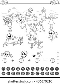 Black and White Cartoon Illustration of Educational Mathematical Counting and Addition Activity Task for Children with Kids and Dogs Coloring Book