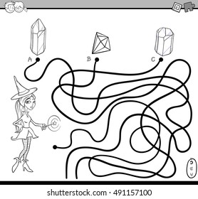 Black and White Cartoon Illustration of Educational Paths or Maze Puzzle Activity with Witch Character Coloring Book