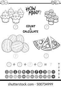 Black and White Cartoon Illustration of Educational Mathematical Count and Addition Activity for Preschool Children Coloring Page