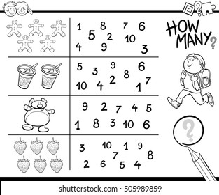 Black and White Cartoon Illustration of Educational Counting Activity for Children Coloring Page