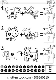 Black and White Cartoon Illustration of Educational Mathematical Addition Activity Task for Children with Dog Characters Coloring Book