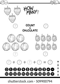 Black and White Cartoon Illustration of Educational Mathematical Algebra Counting and Addition Activity for Children Coloring Page