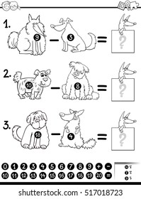 Black and White Cartoon Illustration of Educational Mathematical Subtraction Game for Children with Dog Characters Coloring Book