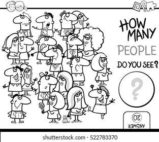 Black and White Cartoon Illustration of Educational Counting Task for Children with People Characters Crowd Coloring Book