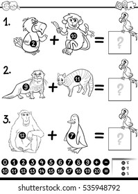 Black and White Cartoon Illustration of Educational Mathematical Addition Activity Task for Children with Animal Characters Coloring Book