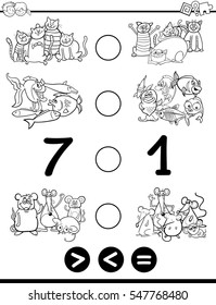 Black and White Cartoon Illustration of Educational Mathematical Activity Game of Greater Than, Less Than or Equal to for Children with Animal Characters Coloring Page