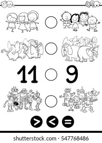 Black and White Cartoon Illustration of Educational Mathematical Activity Game of Greater Than, Less Than or Equal to for Children with Animal Characters Coloring Page