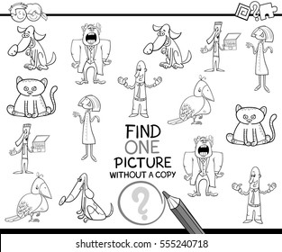 Black and White Cartoon Illustration of Educational Activity of Finding Single Image for Children Coloring Page