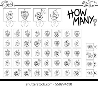 Black and White Cartoon Illustration of Educational Hoe Many Counting Activity for Children with Fruit Characters Coloring Page