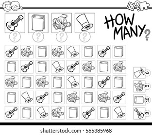 Black and White Cartoon Illustration of Educational How Many Counting Activity for Children with Objects Coloring Page