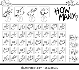 Black and White Cartoon Illustration of Educational How Many Counting Activity for Children with Animal Characters Coloring Page