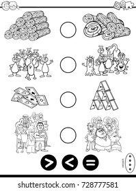 Black and White Cartoon Illustration of Educational Mathematical Activity Game of Greater Than, Less Than or Equal to for Kids with Objects and Characters Coloring Book