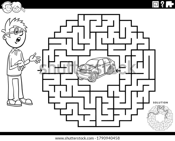 Black and White Cartoon Illustration of Educational\
Maze Puzzle Game for Children with Boy Character and Toy Car\
Coloring Book Page