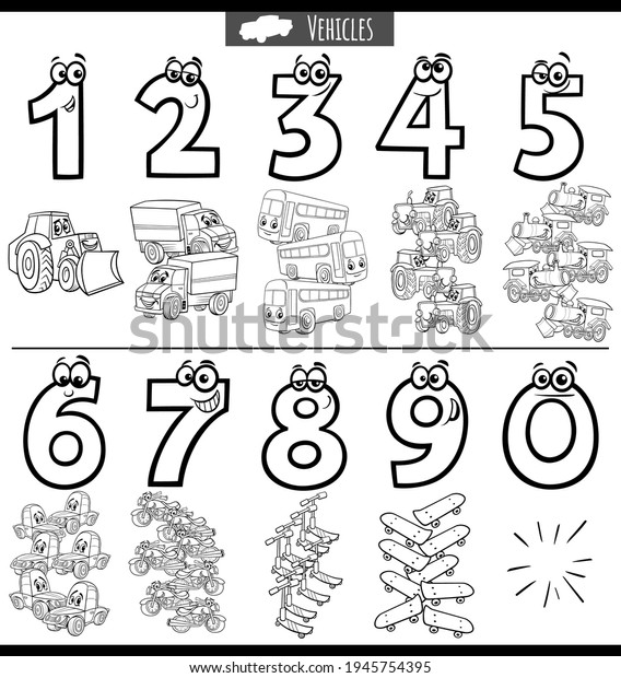 Black and white\
cartoon illustration of educational numbers set from one to nine\
with transportation\
vehicles