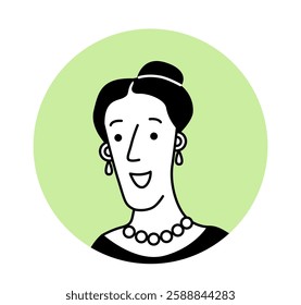 Black and white cartoon illustration of an elegant woman with a bun, pearl necklace, and earrings, smiling. Minimalist style on a green circular background. Vector illustration