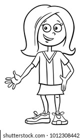 Black and White Cartoon Illustration of Elementary School Age or Teenage Girl Coloring Book