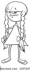 Black and White Cartoon Illustration of Elementary or Teen Age Girl Character with Braids Color Book