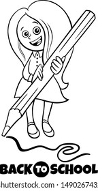 Black and White Cartoon Illustration of Elementary or Teen Age Girl Character with Big Pencil and Back to School Sign Coloring Book