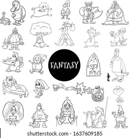 Black and White Cartoon Illustration of Fantasy or Fairy Tale Characters Large Set Coloring Book Page