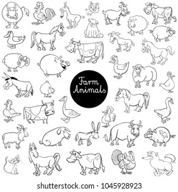 Black and White Cartoon Illustration of Farm Animal Characters Big SetColoring Book