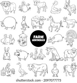 Black and white cartoon illustration of farm animal characters big set coloring book page